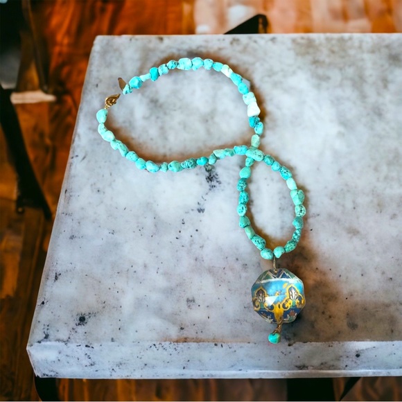 Vintage Lenore Solmo Hand Crafted Turquoise Necklace with Pendent - Picture 3 of 8